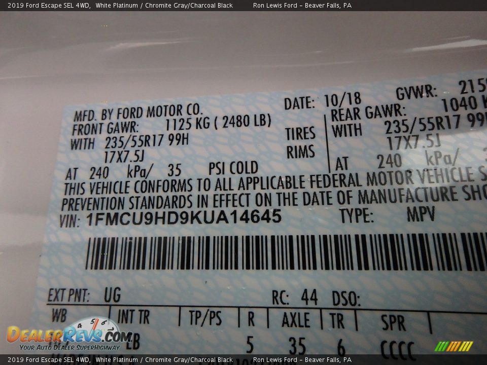 2019 Ford Escape SEL 4WD White Platinum / Chromite Gray/Charcoal Black Photo #16