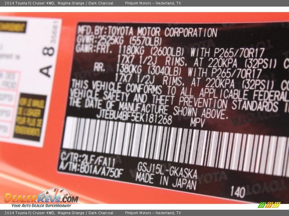 2014 Toyota FJ Cruiser 4WD Magma Orange / Dark Charcoal Photo #35