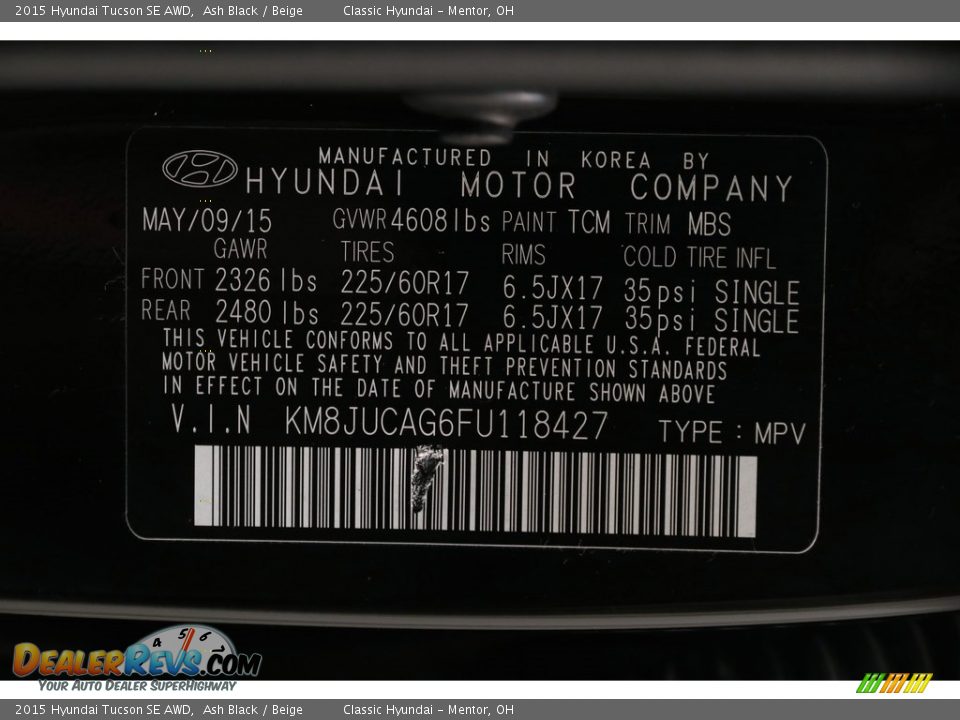 2015 Hyundai Tucson SE AWD Ash Black / Beige Photo #19