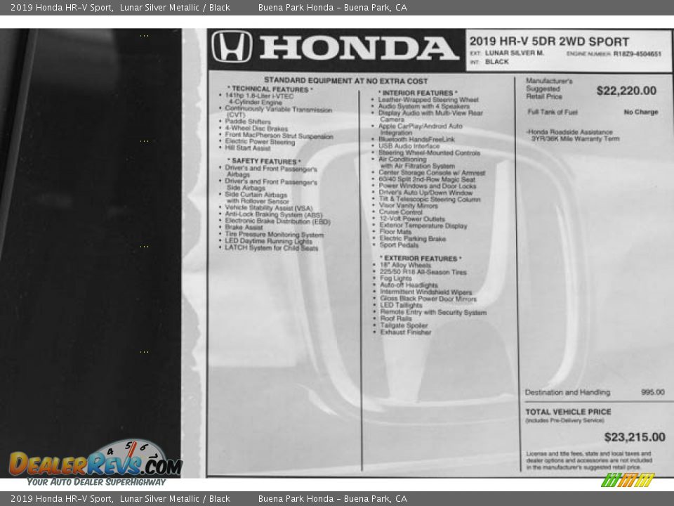 2019 Honda HR-V Sport Lunar Silver Metallic / Black Photo #33