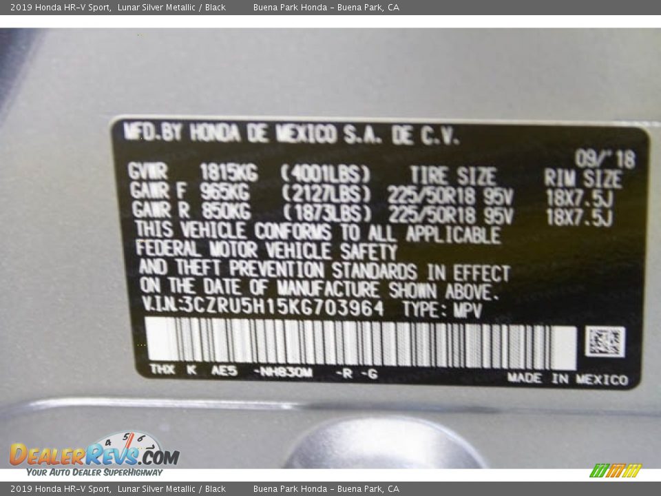 2019 Honda HR-V Sport Lunar Silver Metallic / Black Photo #35