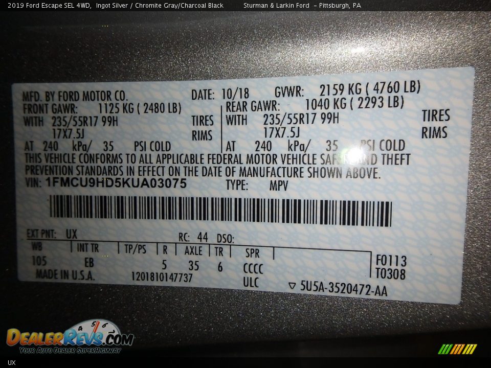 Ford Color Code UX Ingot Silver