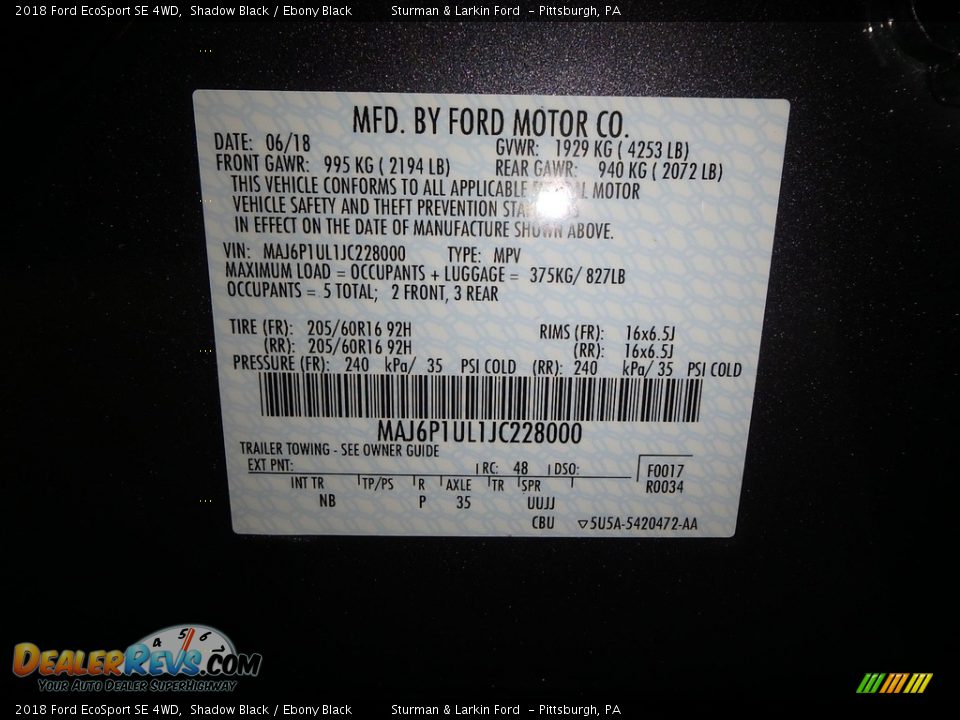2018 Ford EcoSport SE 4WD Shadow Black / Ebony Black Photo #10