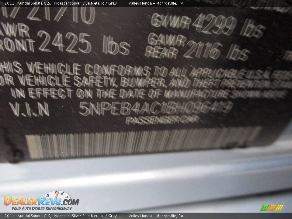 2011 Hyundai Sonata GLS Iridescent Silver Blue Metallic / Gray Photo #19
