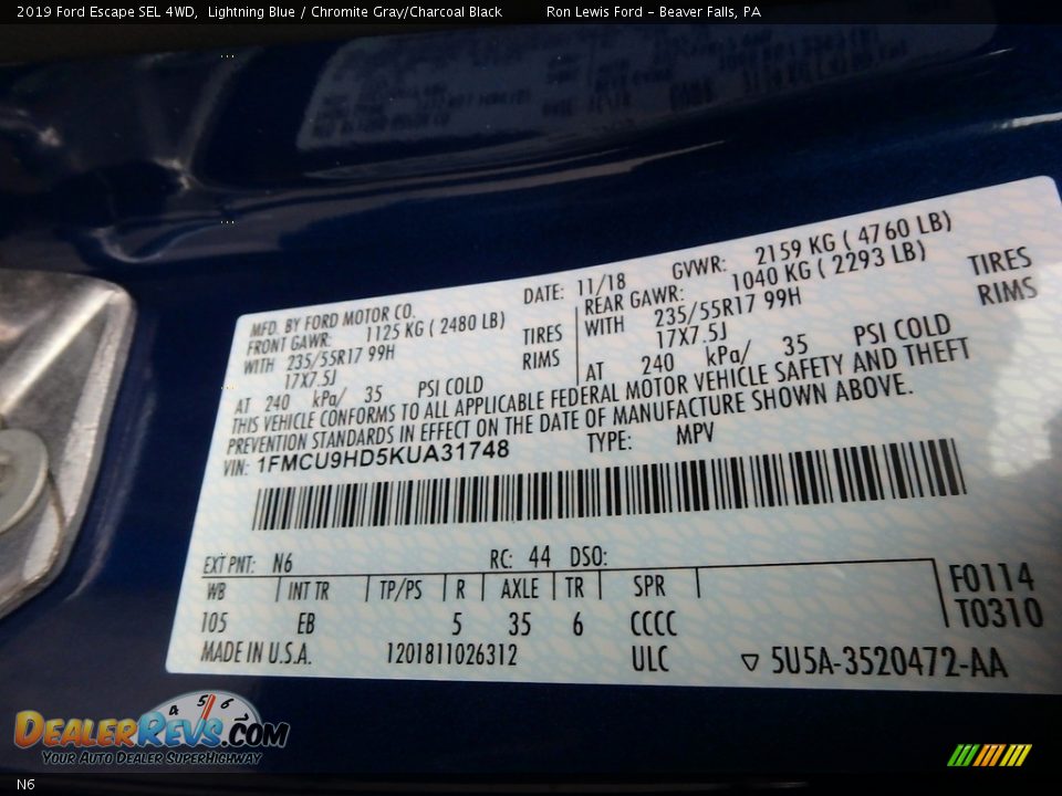 Ford Color Code N6 Lightning Blue