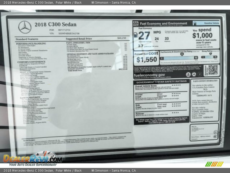 2018 Mercedes-Benz C 300 Sedan Polar White / Black Photo #11