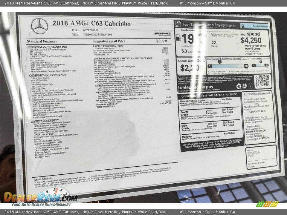 2018 Mercedes-Benz C 63 AMG Cabriolet Window Sticker Photo #10