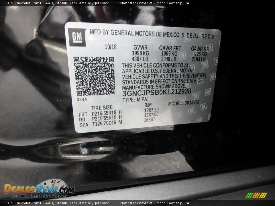 2019 Chevrolet Trax LT AWD Mosaic Black Metallic / Jet Black Photo #16