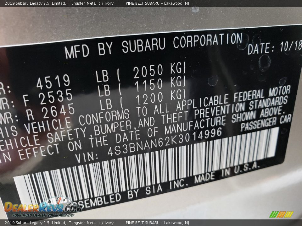 2019 Subaru Legacy 2.5i Limited Tungsten Metallic / Ivory Photo #9