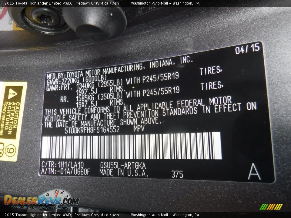 2015 Toyota Highlander Limited AWD Predawn Gray Mica / Ash Photo #29