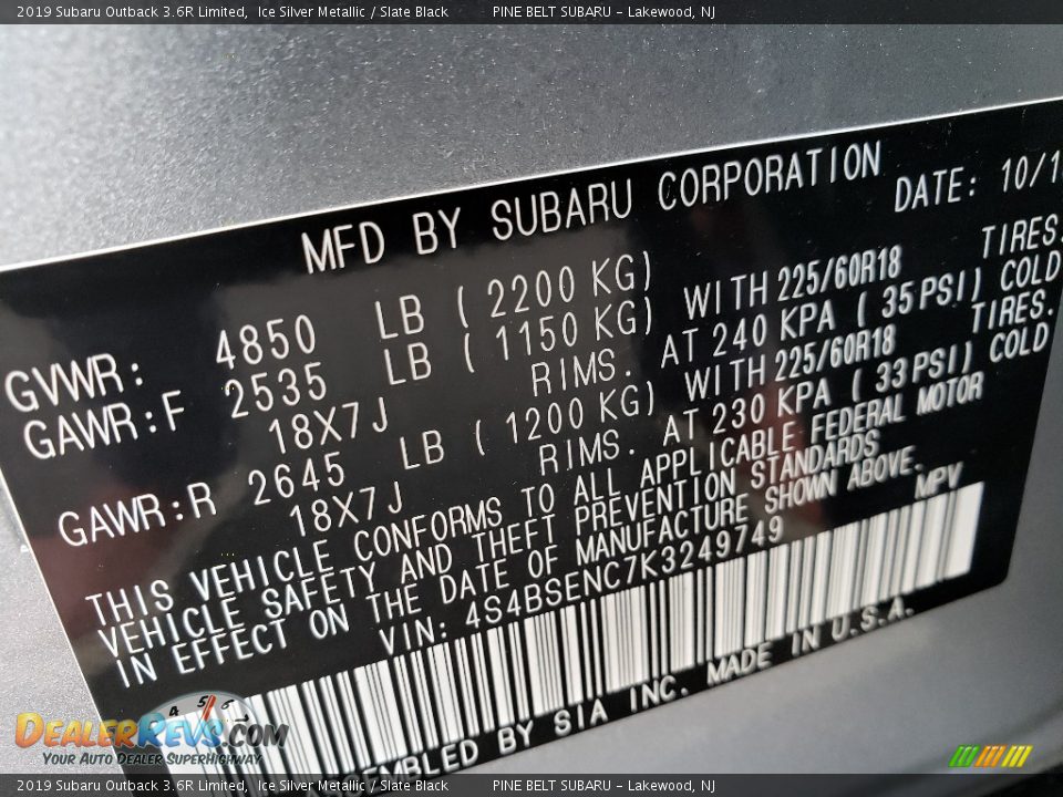 2019 Subaru Outback 3.6R Limited Ice Silver Metallic / Slate Black Photo #9