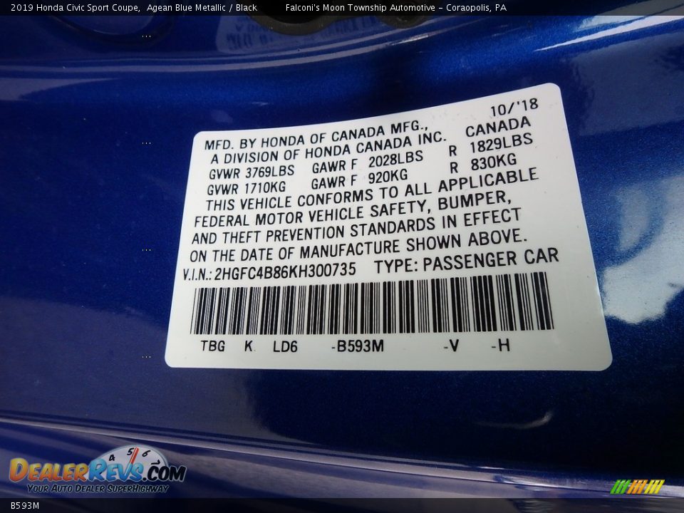 Honda Color Code B593M Agean Blue Metallic