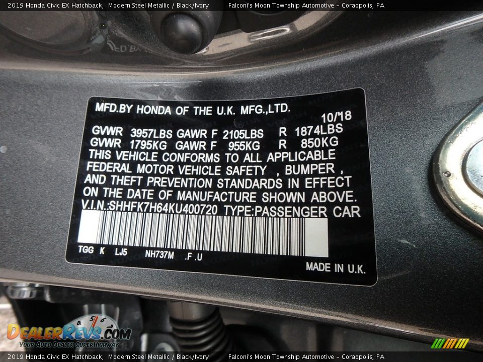 2019 Honda Civic EX Hatchback Modern Steel Metallic / Black/Ivory Photo #12