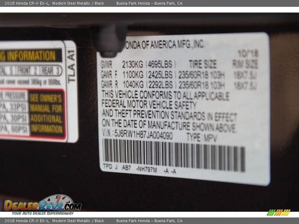 2018 Honda CR-V EX-L Modern Steel Metallic / Black Photo #28