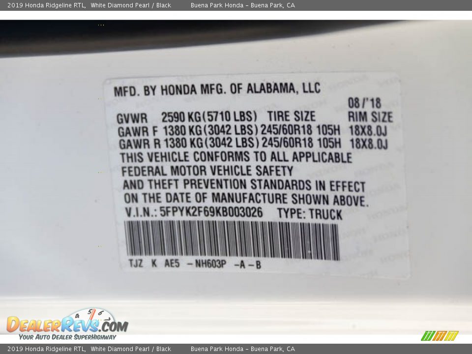 2019 Honda Ridgeline RTL White Diamond Pearl / Black Photo #17