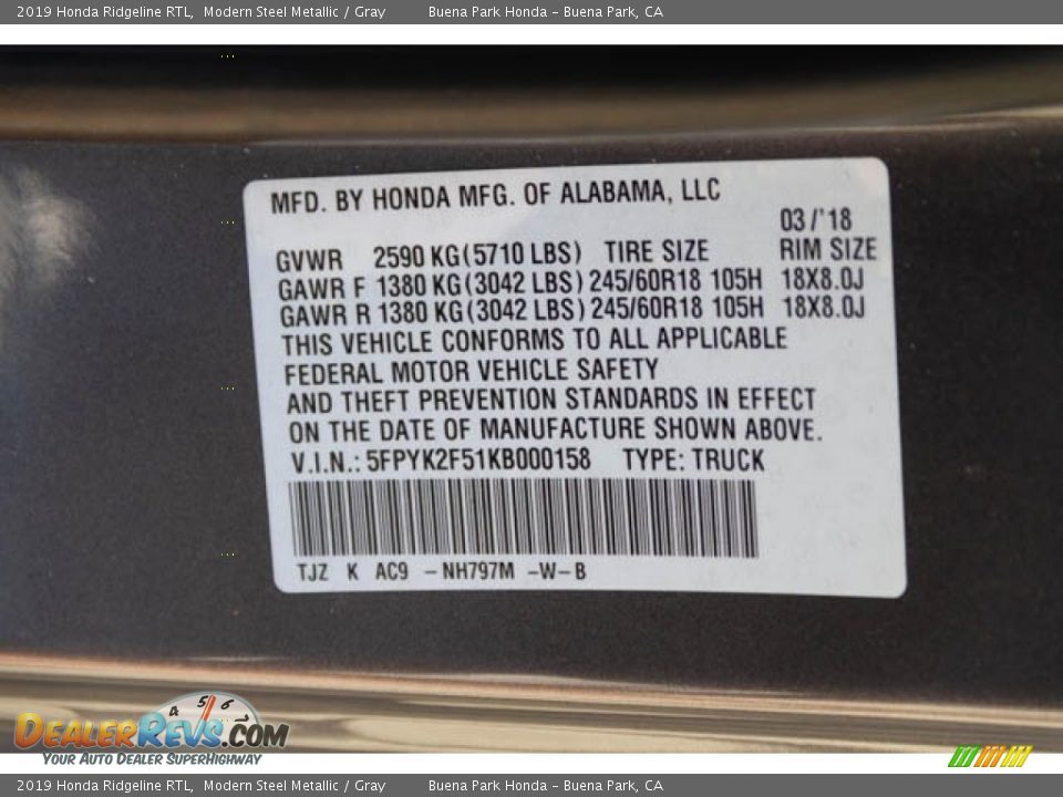 2019 Honda Ridgeline RTL Modern Steel Metallic / Gray Photo #16