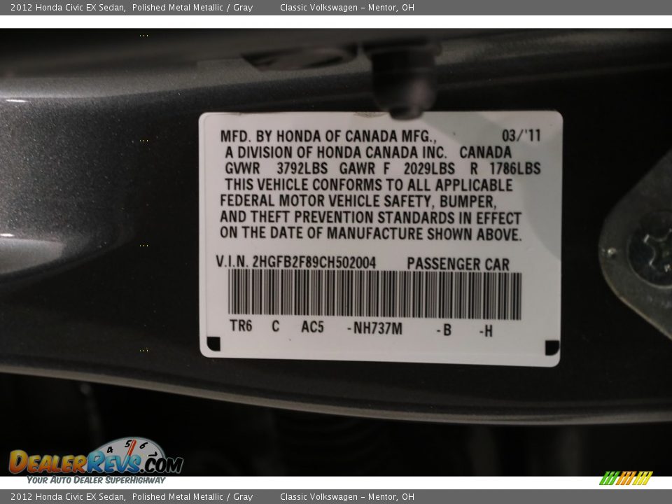 2012 Honda Civic EX Sedan Polished Metal Metallic / Gray Photo #19