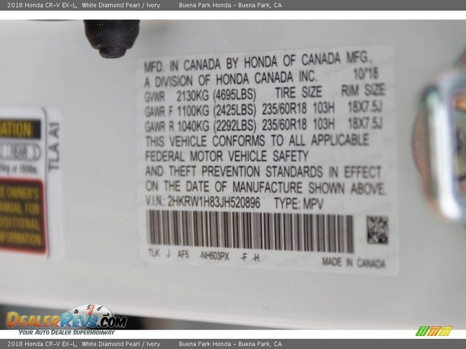 2018 Honda CR-V EX-L White Diamond Pearl / Ivory Photo #27