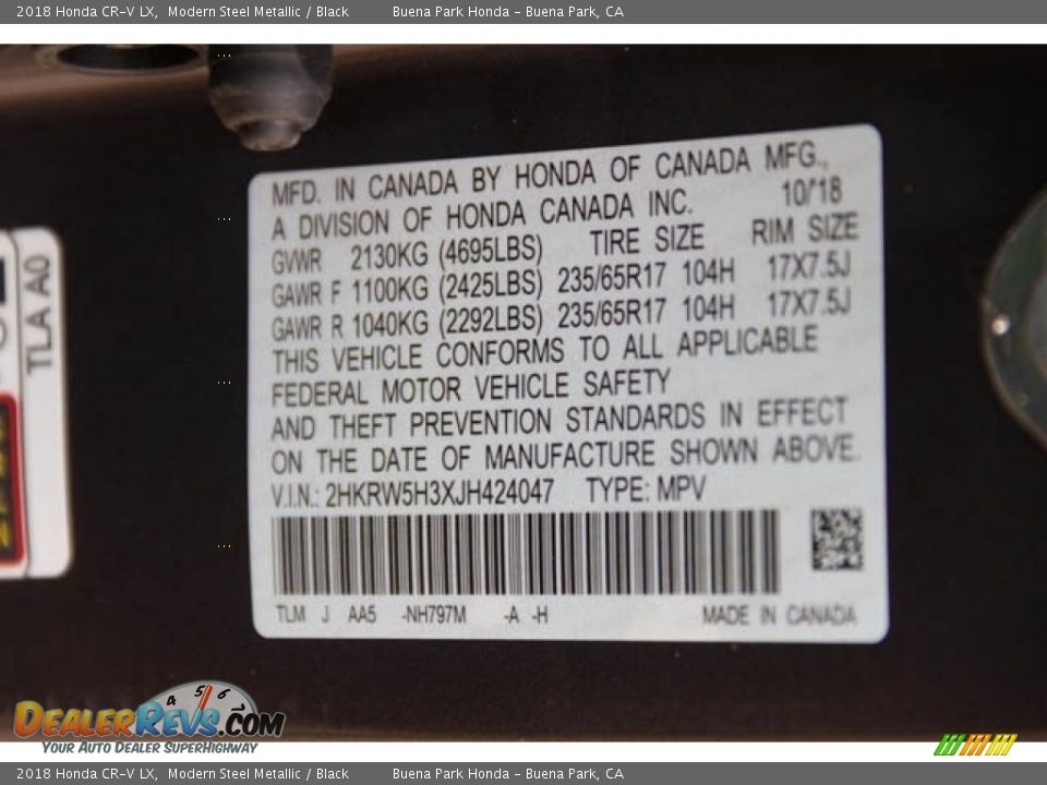 2018 Honda CR-V LX Modern Steel Metallic / Black Photo #16