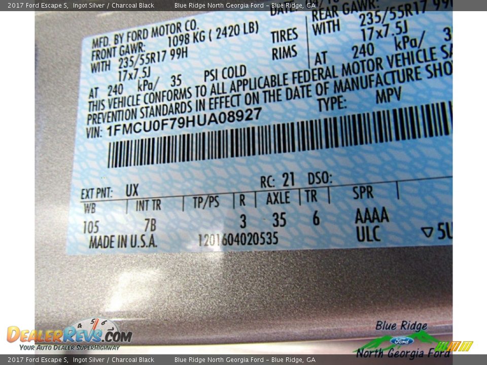 2017 Ford Escape S Ingot Silver / Charcoal Black Photo #24