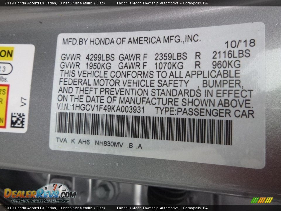 2019 Honda Accord EX Sedan Lunar Silver Metallic / Black Photo #12