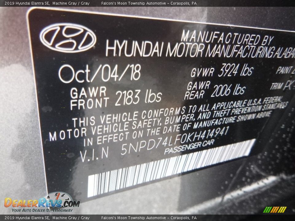 2019 Hyundai Elantra SE Machine Gray / Gray Photo #12