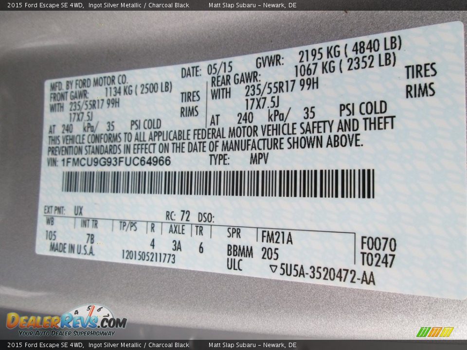 2015 Ford Escape SE 4WD Ingot Silver Metallic / Charcoal Black Photo #29