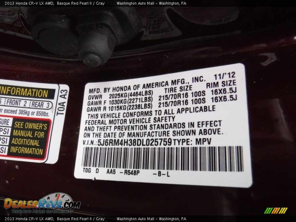 2013 Honda CR-V LX AWD Basque Red Pearl II / Gray Photo #24