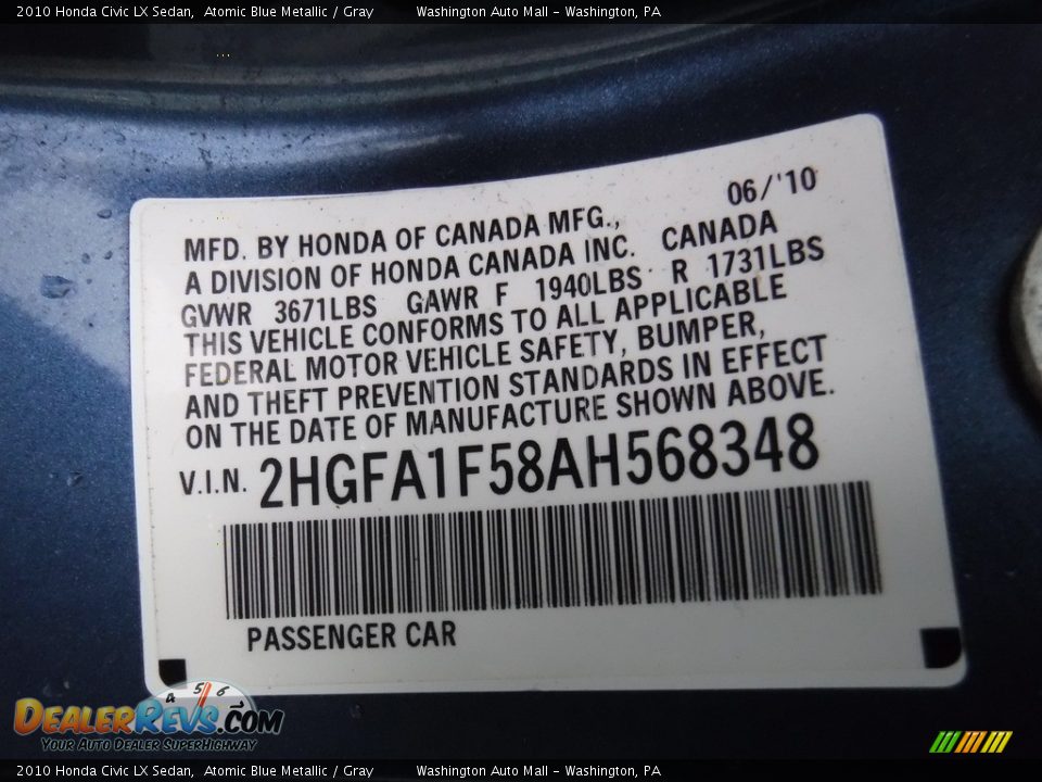 2010 Honda Civic LX Sedan Atomic Blue Metallic / Gray Photo #19