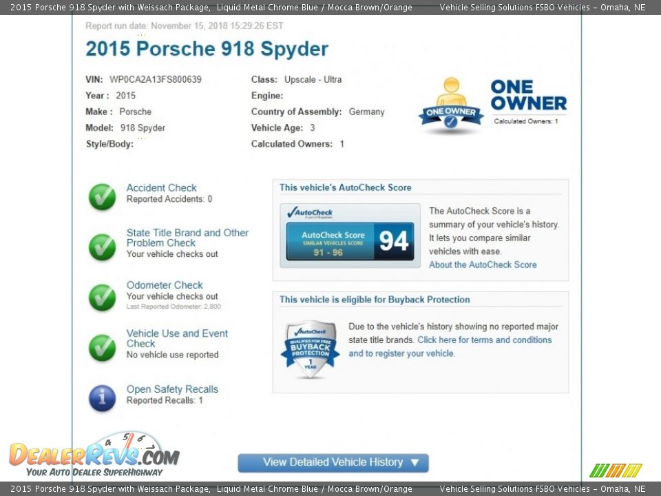Dealer Info of 2015 Porsche 918 Spyder with Weissach Package Photo #2