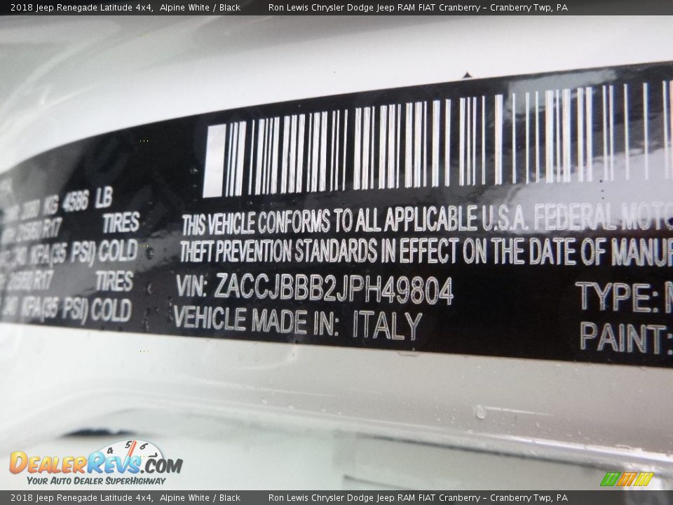 2018 Jeep Renegade Latitude 4x4 Alpine White / Black Photo #15