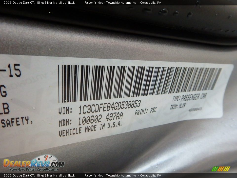 2016 Dodge Dart GT Billet Silver Metallic / Black Photo #23