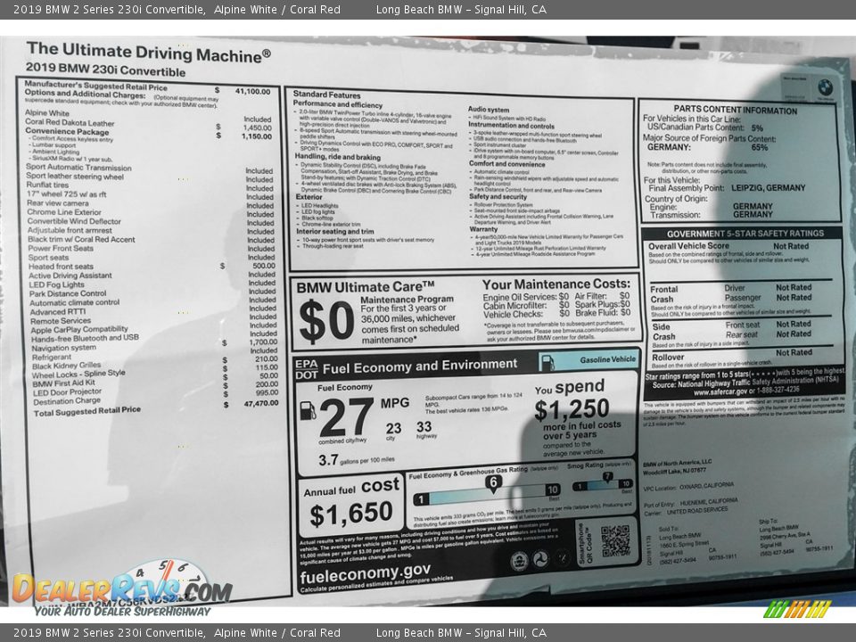 2019 BMW 2 Series 230i Convertible Alpine White / Coral Red Photo #10