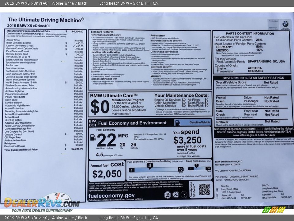 2019 BMW X5 xDrive40i Window Sticker Photo #10