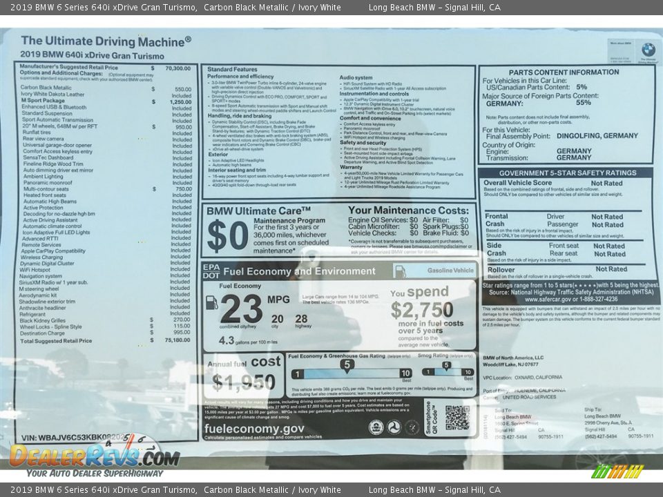 2019 BMW 6 Series 640i xDrive Gran Turismo Window Sticker Photo #10