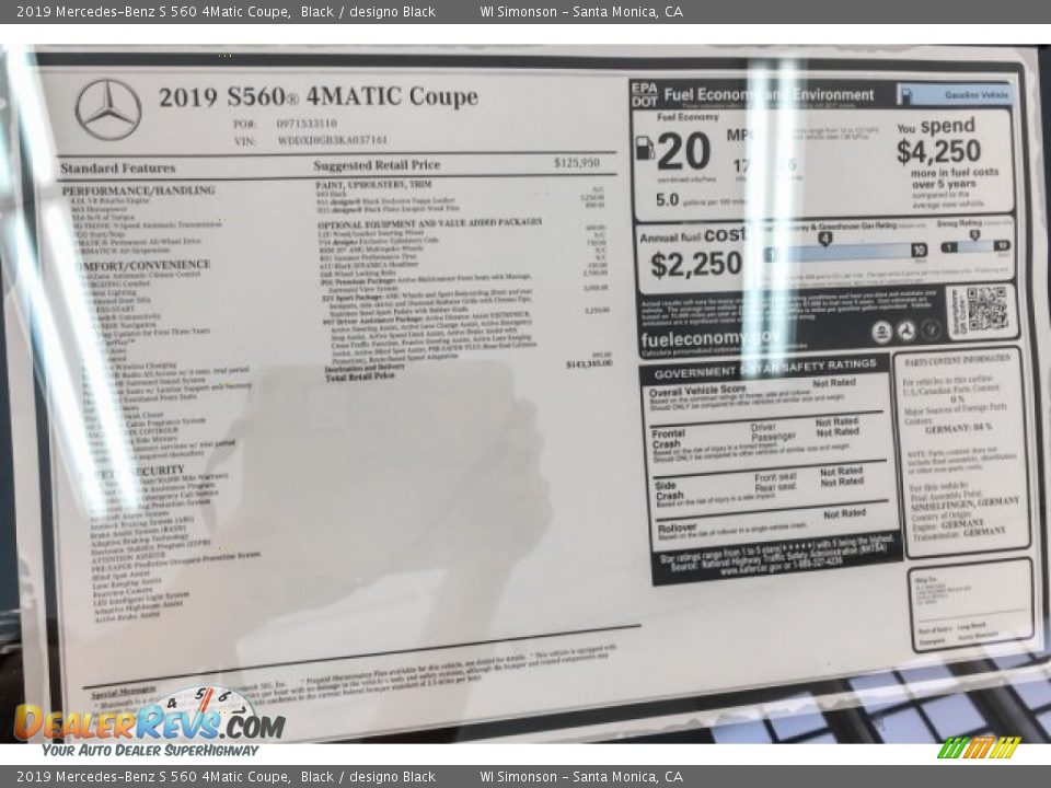 2019 Mercedes-Benz S 560 4Matic Coupe Window Sticker Photo #10