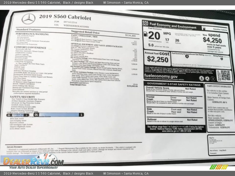 2019 Mercedes-Benz S S 560 Cabriolet Window Sticker Photo #21