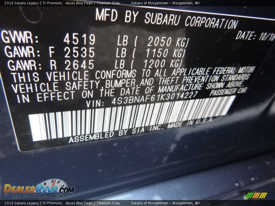 2019 Subaru Legacy 2.5i Premium Abyss Blue Pearl / Titanium Gray Photo #15