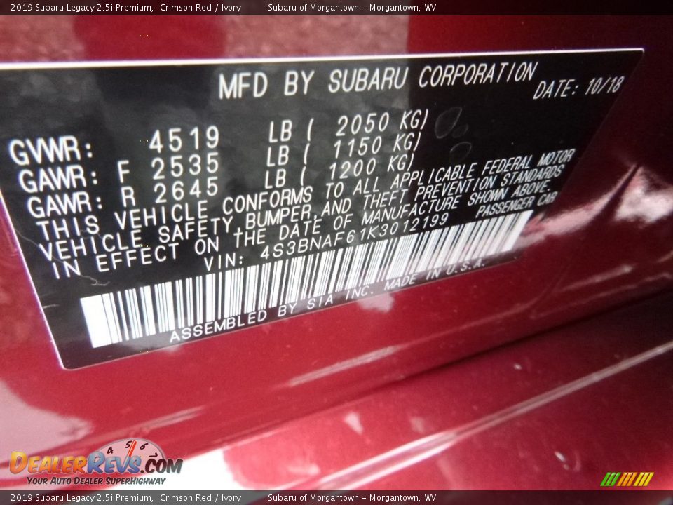2019 Subaru Legacy 2.5i Premium Crimson Red / Ivory Photo #15