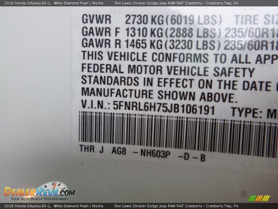 2018 Honda Odyssey EX-L White Diamond Pearl / Mocha Photo #16