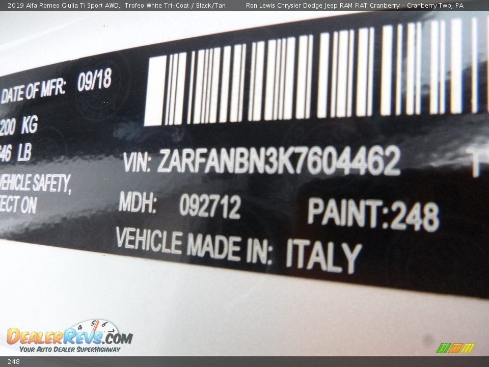 Alfa Romeo Color Code 248 Trofeo White Tri-Coat