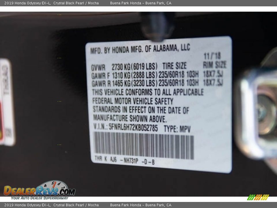 2019 Honda Odyssey EX-L Crystal Black Pearl / Mocha Photo #30