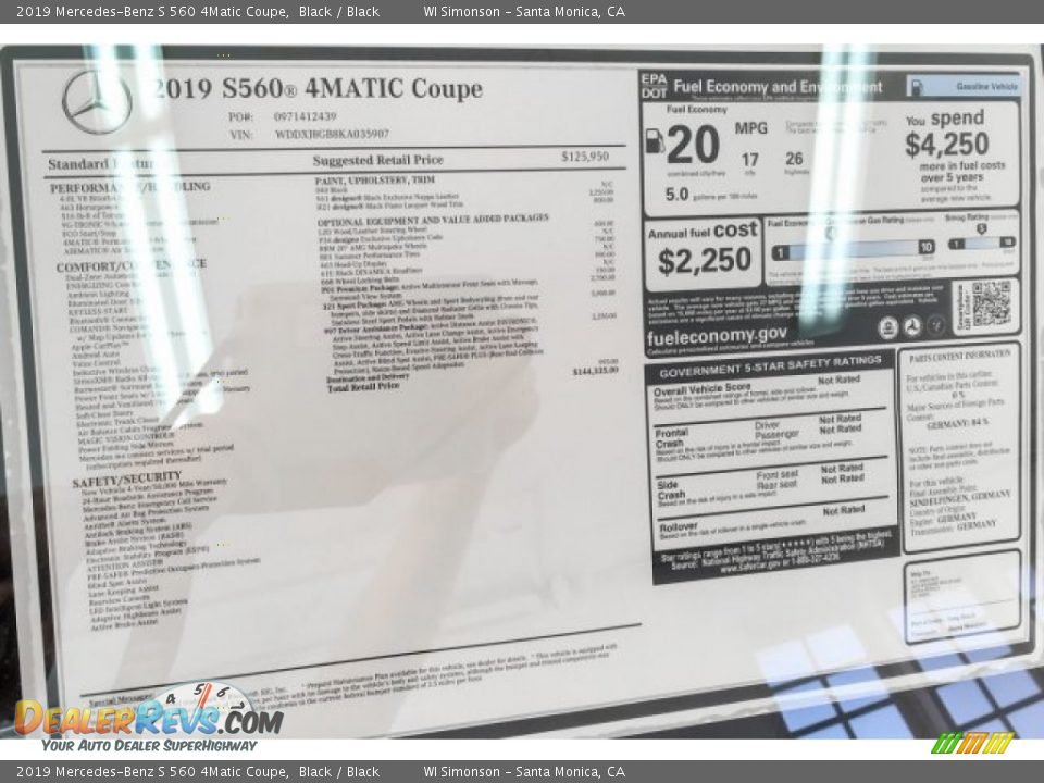 2019 Mercedes-Benz S 560 4Matic Coupe Window Sticker Photo #10