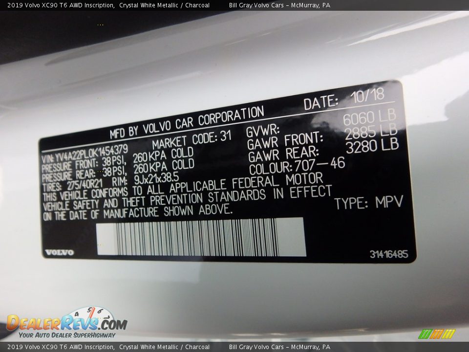 2019 Volvo XC90 T6 AWD Inscription Crystal White Metallic / Charcoal Photo #12
