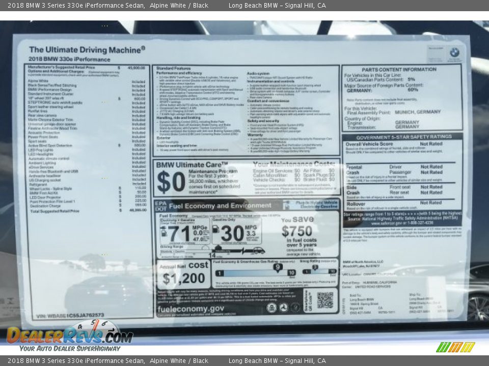 2018 BMW 3 Series 330e iPerformance Sedan Alpine White / Black Photo #10