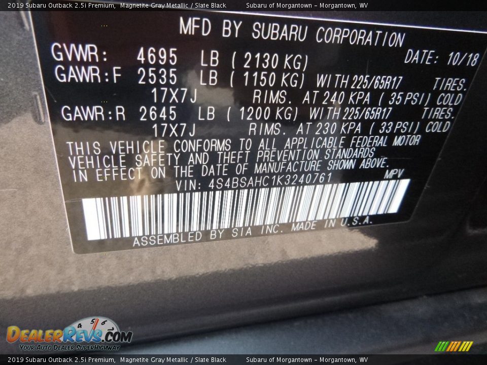 2019 Subaru Outback 2.5i Premium Magnetite Gray Metallic / Slate Black Photo #16