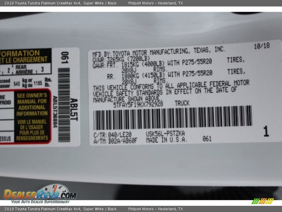 2019 Toyota Tundra Platinum CrewMax 4x4 Super White / Black Photo #20