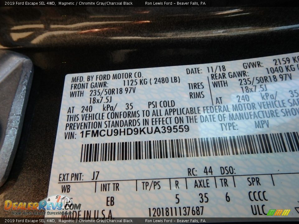 2019 Ford Escape SEL 4WD Magnetic / Chromite Gray/Charcoal Black Photo #15