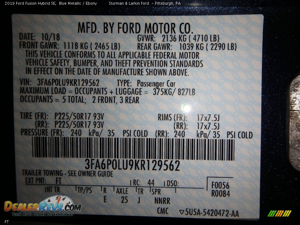 Ford Color Code FT Blue Metallic