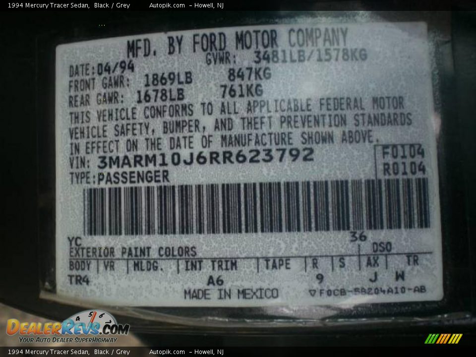 1994 Mercury Tracer Sedan Black / Grey Photo #11